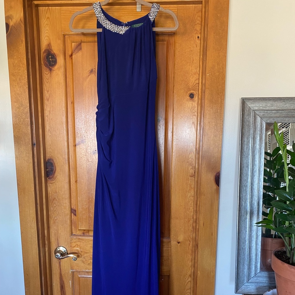 Lauren Ralph Lauren Vintage 2000s Beaded Blue Maxi Formal Column Gown